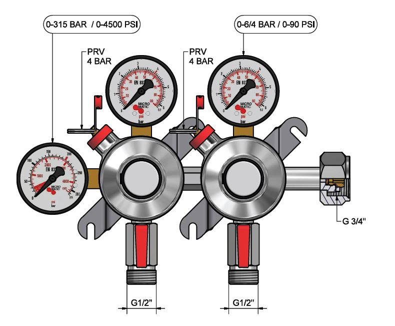 Redukčný ventil dvojvývodový na CO2, 791-967, 0-6/4 bar
