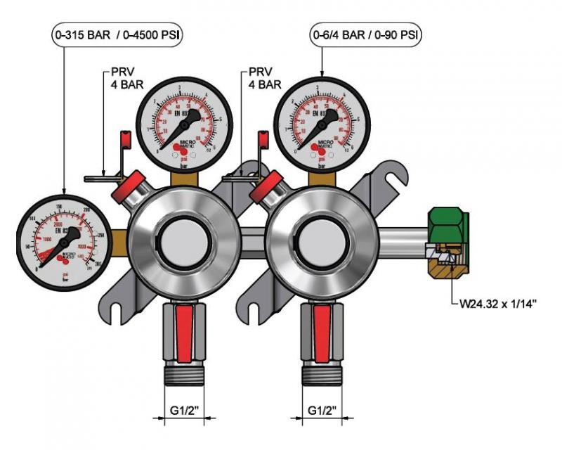 Redukčný ventil dvojvývodový na N2, 791-969, 0-6/4 bar