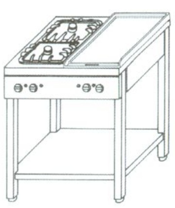 KGO-427 M | Gas cooking table with 4 burners, 1 grid and 1 heating sheet